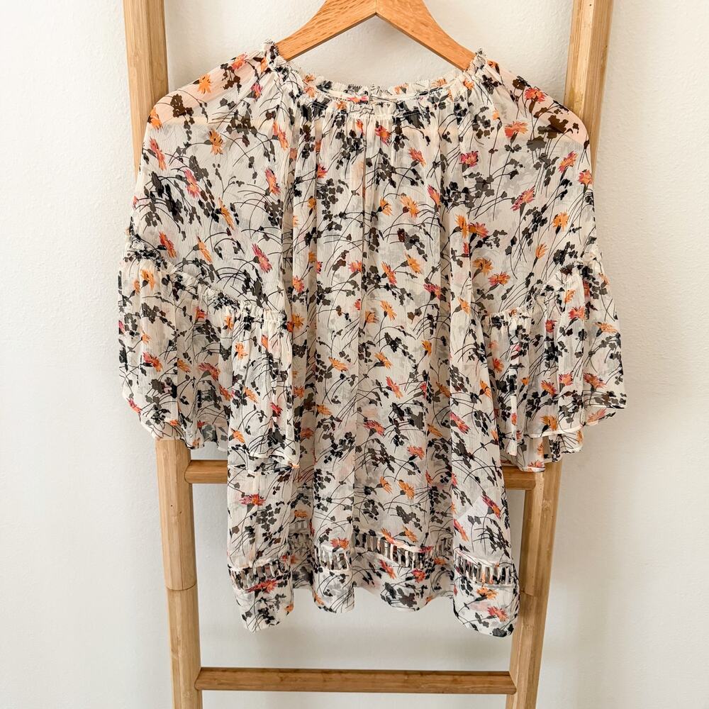Joie 100% Silk Floral Boho Blouse Women’s Large Bell Sleeve Ivory Cream Orange